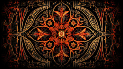 Intricate Black and Red Floral Carving or embroidery on Dark Background