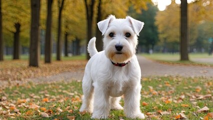 White miniature schnauzer dog in the park