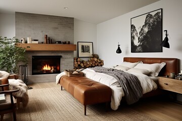 Brown Leather Seat & Fireplace: Modern Eclectic Mix Bedroom Ideas for Design Balance
