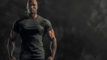 Fototapeta na wymiar large male athlete in a black T-shirt on a black background