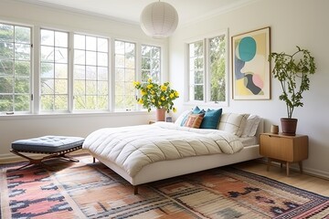 Grid Window Bedroom Bliss: Modern Eclectic Mix with Sunny Rug & Playful Interiors