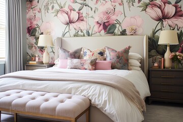 Modern Eclectic Mix Bedroom Ideas: Floral Wallpaper, Eclectic Textiles, Chic Sanctuary Oasis