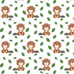 Obraz premium Vector children's illustration. Forest animals, Beavers and juicy twigs with leaves. The pattern for printing.