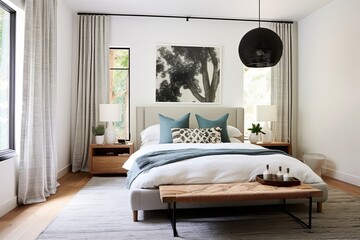 Modern Coastal Curtain Harmony: Eclectic Mix Bedroom Ideas with Pendant Light Design