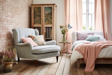 Pastel Armchair Paradise: A Modern Eclectic Mix Bedroom with Rustic Floor and Serene Sanctuary Vibes