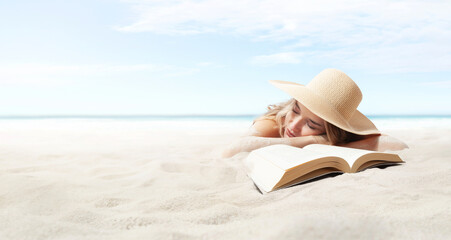 Fototapeta na wymiar woman lying on sand beach with book, resting wear sun straw hat for sun protection her skin face. Concept of summer beach holiday and vacation travel. Sea and blue sky panoramic Background copy space