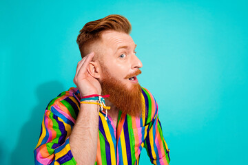 Photo of surprised attractive macho man wear trendy clothes hand ears interesting news information...