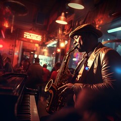 Vintage jazz club scene with an admirable saxophonist, vibrant lights, and a lively audience. Capture the soulful essence. 