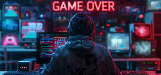 Game over concept with hooded video gamer or hacker - obrazy, fototapety, plakaty