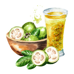Bowl with fresh Feijoa fruits and Glass of juice, Watercolor hand drawn illustration isolated on white background