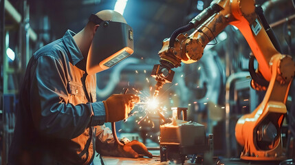 Industrial Welder and Robot Collaboration in Factory