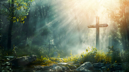 Cross in a Forest An Ethereal Illustration in Nature