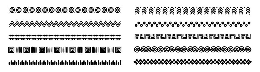 Set of  african tribal motive border lines in doodle hand drawn style. vector - obrazy, fototapety, plakaty