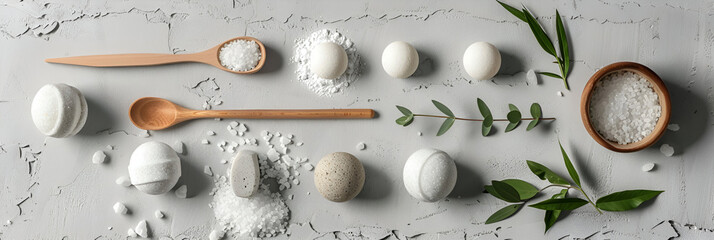 Handmade herbal bath bombs and sea salt on white  background, top view, place for text. Natural cosmetics banner