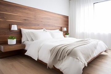 Fototapeta na wymiar Organic Minimalist Bedroom: Modern Lofts Featuring White Linens and Wooden Headboards