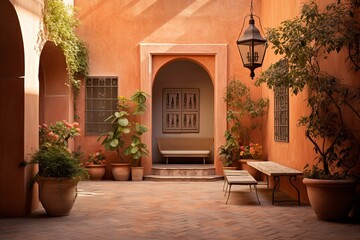 Fototapeta na wymiar Terracotta Splashes: Muted Color Palettes in Spanish Courtyard Spaces.