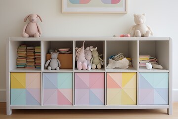 Muted Pastel Nursery Storage: Chic Cabinet Designs featuring Pastel Bins