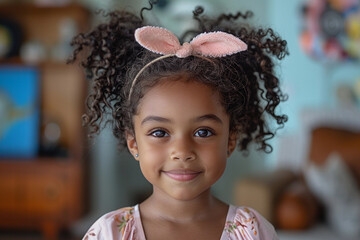 Criança com tiara de orelha de coelho.