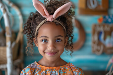 Criança com tiara de orelha de coelho.