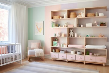Fototapeta na wymiar Muted Pastel Nursery: Grid Wall Shelving with Delicate Pastel Accents