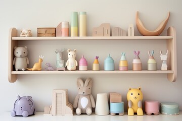 Muted Pastel Nursery Designs: Laminate Shelf Filled with Soft Color Toys