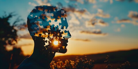World Autism Awareness Day,banner,silhouette of human head against sky with puzzle pieces and sunlight,place for text,concepts of inclusivity, diversity, awareness,help, mental illness,brain diseases - obrazy, fototapety, plakaty