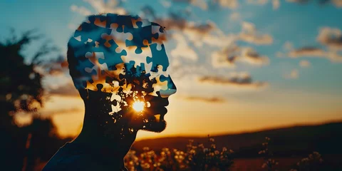 Fotobehang World Autism Awareness Day,banner,silhouette of human head against sky with puzzle pieces and sunlight,place for text,concepts of inclusivity, diversity, awareness,help, mental illness,brain diseases © Наталья Лазарева