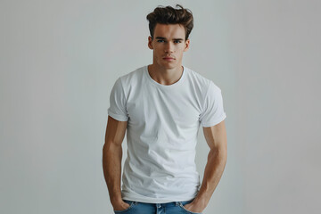 Young handsome man model in white t-shirt posing on light grey background