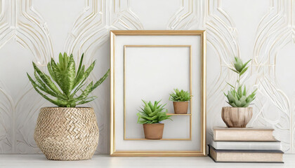 Mock-Up of Home Interior Poster with Horizontal Metal Frame, Basket of Succulents, and Stack of Books on White Wall Background