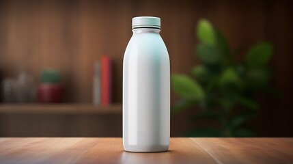 High-quality 3D rendering of a white milk bottle with a silver cap on a wooden table. Blurred background with bookshelf and plants. Ideal for packaging, branding, advertising.