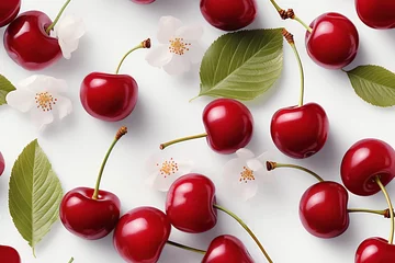 Poster Seamless pattern with red cherry berries on white background © alexkoral