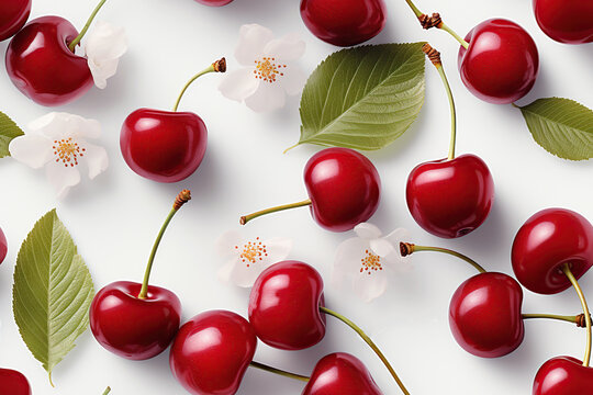 Seamless pattern with red cherry berries on white background