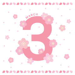 Pink cherry blossom decoration and number '3' typographic design with the concept of spring in March. Banner, card, placard, border, frame design template.