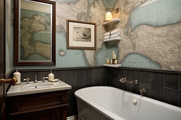 Nautical Bathroom Interiors: Maritime Map Wallpaper with Ship Model Display