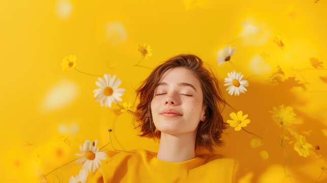 banner beautiful girl with closed eyes on yellow background surrounded by flying flowers. concept for allergy treatment, enjoyment of spring, for cosmetics advertising, with copy space