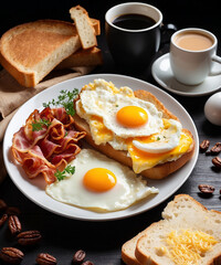 Fototapeta premium Breakfast with coffee, bread, eggs and bacon.