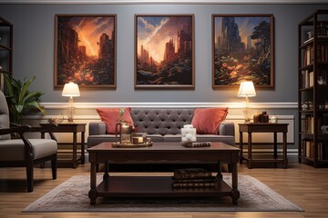 Neo-Victorian Wood Coffee Tables, Framed Art Posters: Living Room Decors Concept
