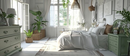 Bedroom with white decor and green furniture.