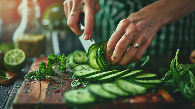 Female hands cutting cucumber, green vegetable 