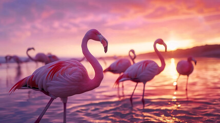 Obraz premium Flamingos during sunset.