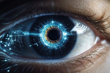 a close up of a person's eye, eye cyberpunk bionics, cybernetic eyes implants, robotic eye, cyborg eyes, cybernetic eye, blue cyborg eyes. 