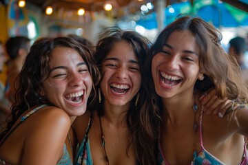 Fototapeta premium A vibrant scene of three women celebrating a goal at a viewing party, their faces alight with joy and excitement