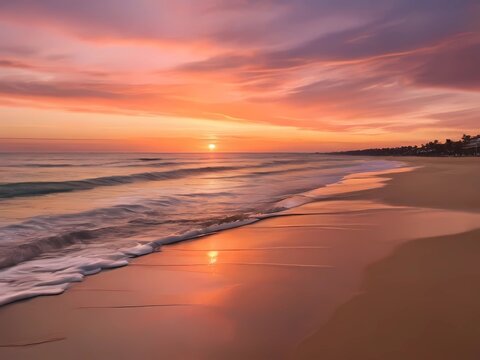 A photo of a sunset on the beach, with the sky sparkling with bright orange and pink colors as they reflect on the calm waters.