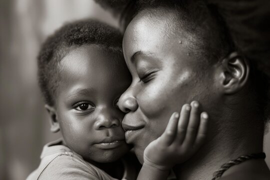 Black child cuddling his mother, mother's day concept.