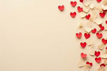 Red and white hearts on beige background. Valentines day concept.