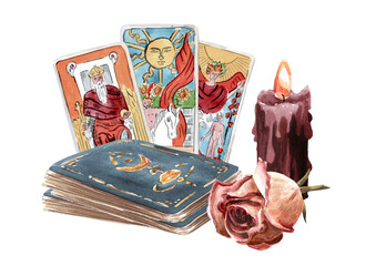 Tarot reader or fortune teller,  tarot cards and candles. Hand drawn watercolor illustration isolated on white background © dariaustiugova