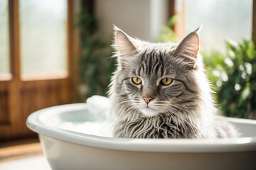 A Maine Coon cat sits calmly in a bathtub filled with water, showcasing the grooming aspect of Maine Coon care