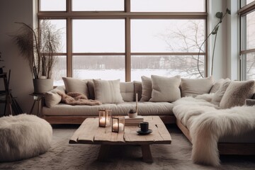 Interior of modern living room with sofa, coffee table and window