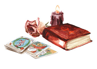 Tarot reader or fortune teller,  tarot cards, book and candles. Hand drawn watercolor illustration isolated on white background © dariaustiugova