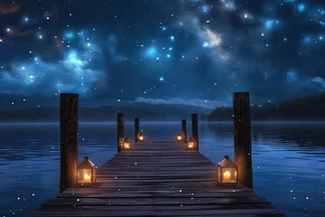 Foto op Canvas Wooden pier on the lake at night with stars in the sky © tnihousestudio